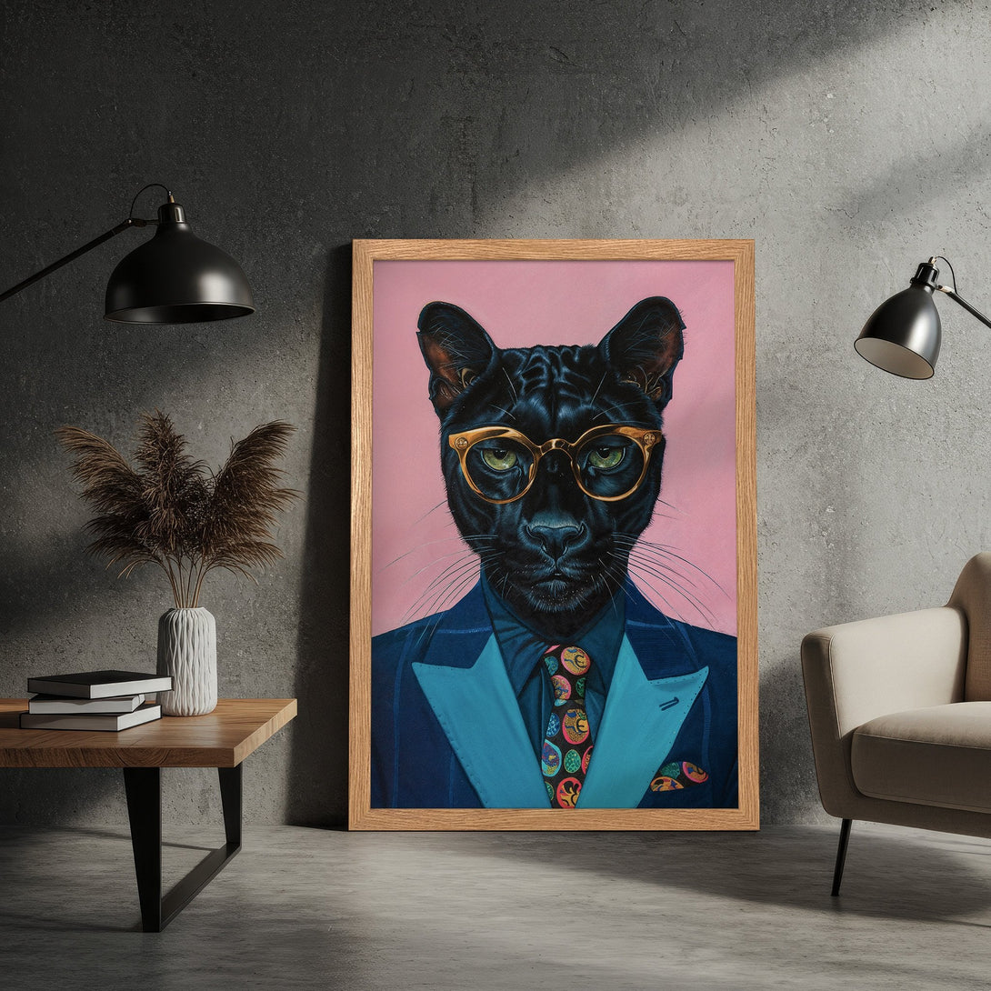 Framed Poster featuring a dapper panther in a suit, vibrant pop art style, with a pink background and blue accents.