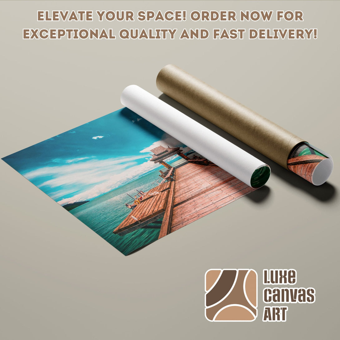 Poster Roll featuring a tropical pier scene with a teal and brown color palette. Elevate your space!