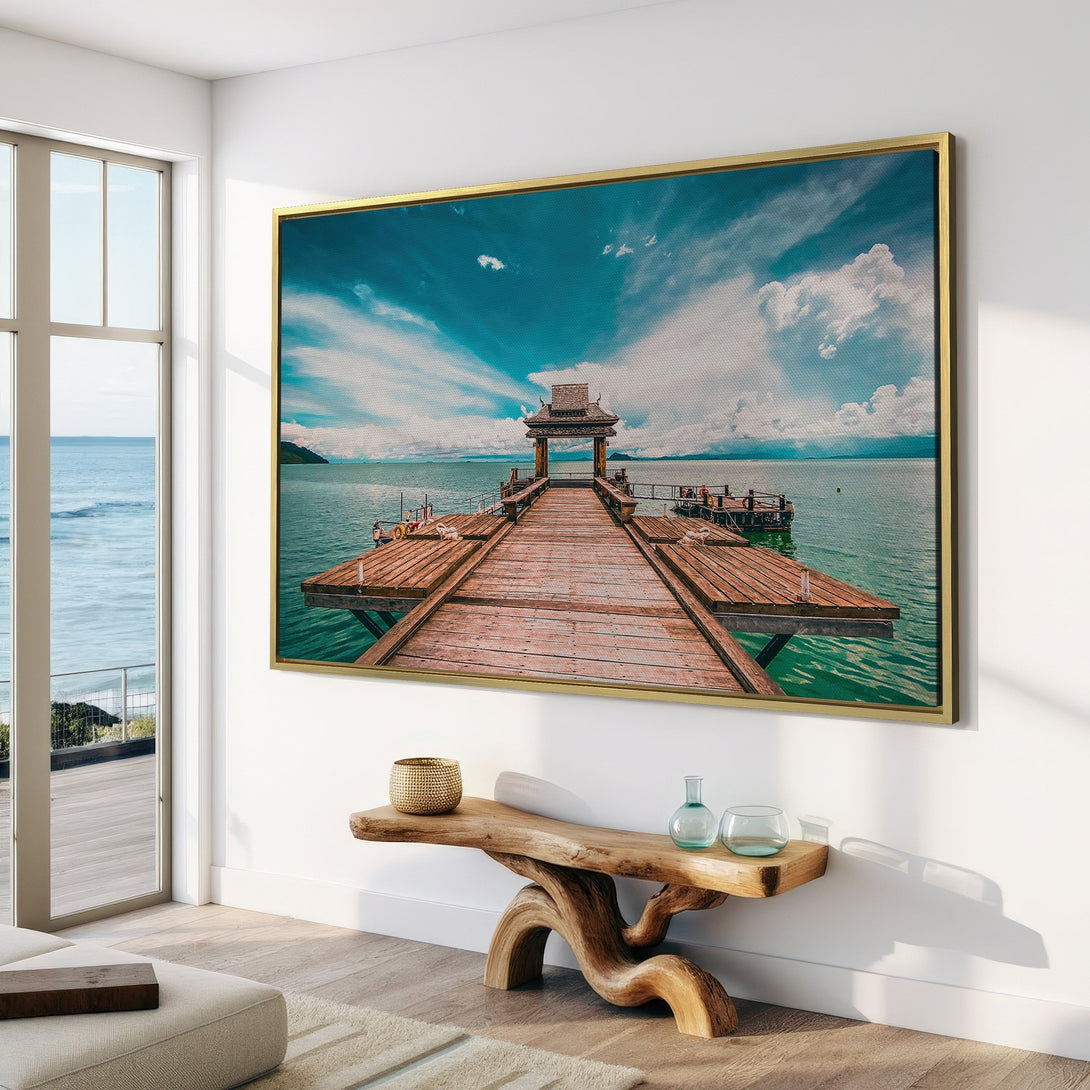 Canvas Print of a serene pier over turquoise water, capturing a tranquil scene with blue and brown tones, perfect for coastal decor.