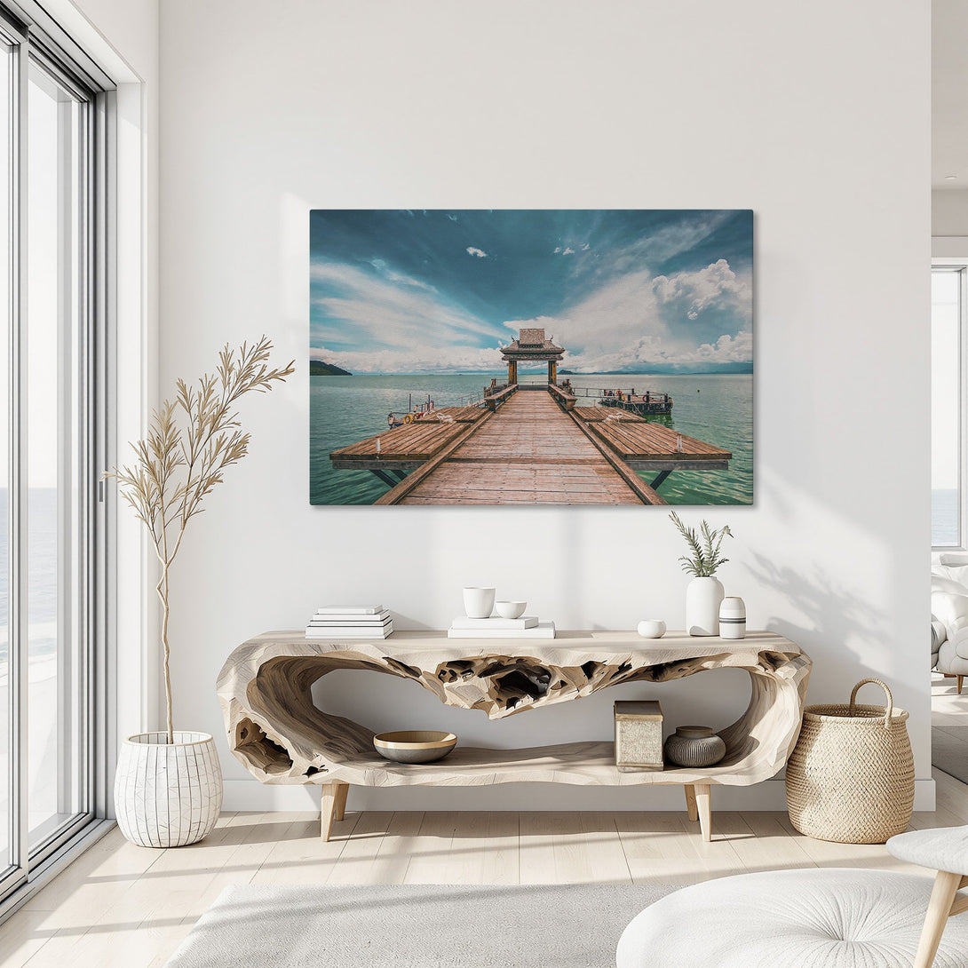 Framed Wall Art: Tranquil pier scene with turquoise water and blue sky, warm wooden tones. Coastal decor for a serene living space.