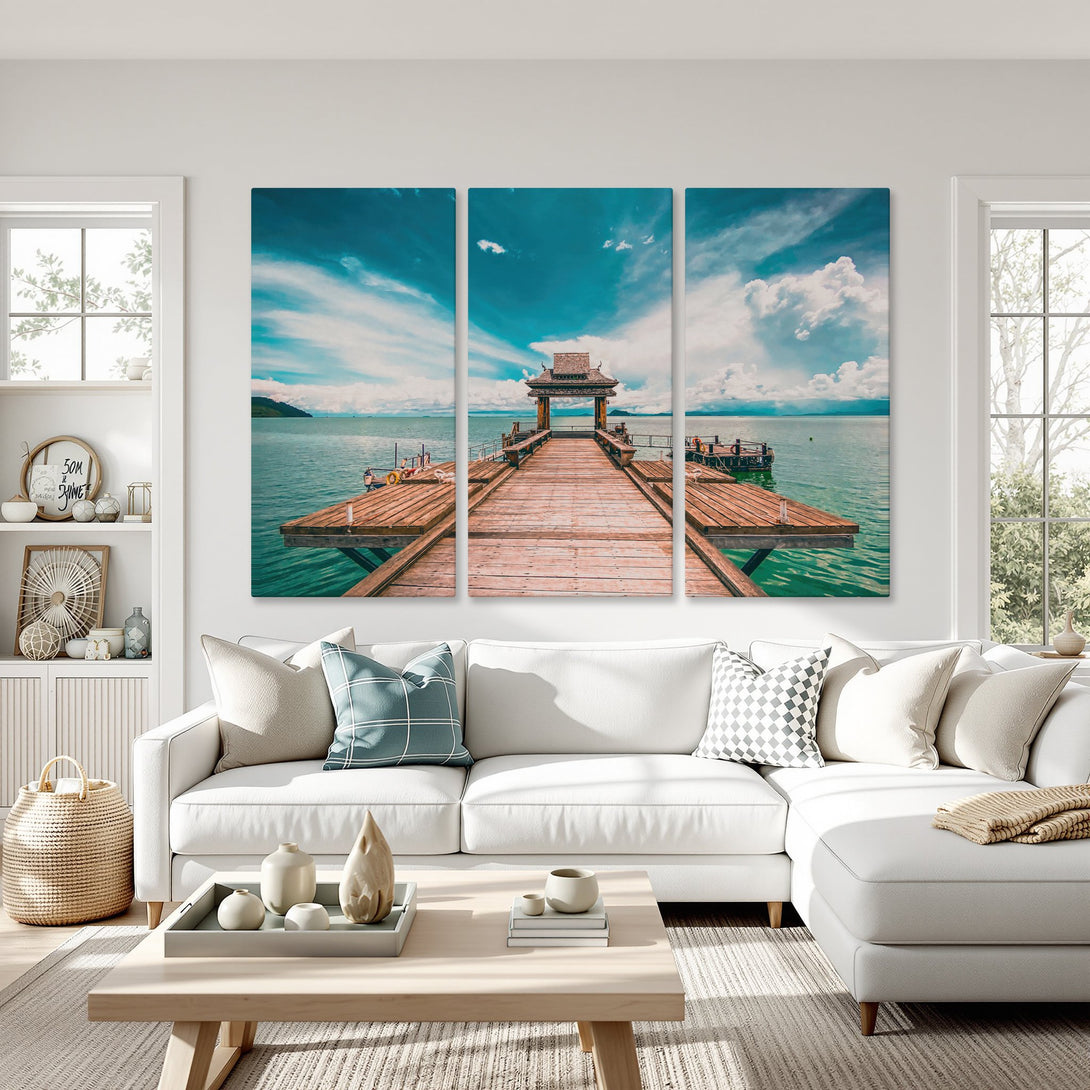 Canvas Print of a serene pier scene with turquoise water and blue skies, perfect for coastal decor.