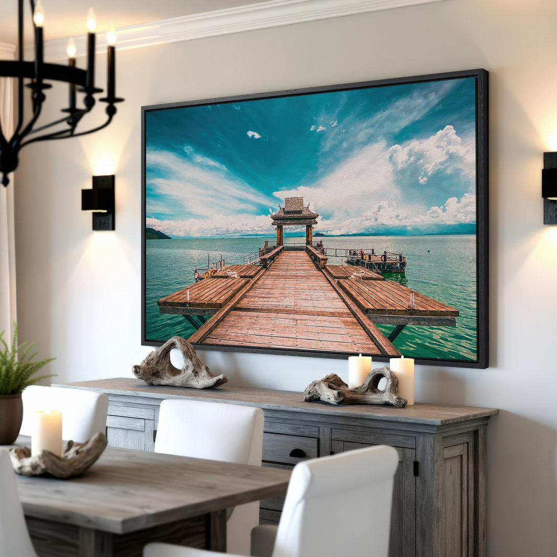 Framed Wall Art: Serene pier scene in turquoise and brown hues. Coastal decor for a calming space. Perfect for living rooms or bedrooms.