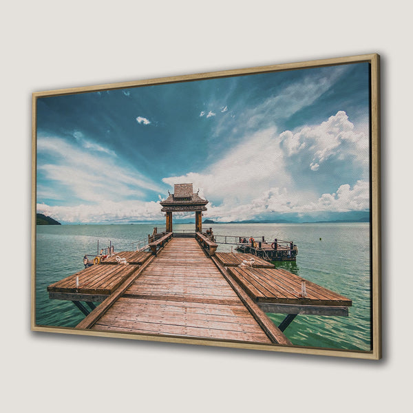 Canvas Print of a wooden pier over turquoise water with blue sky, creating a serene and calming atmosphere. Framed wall art.