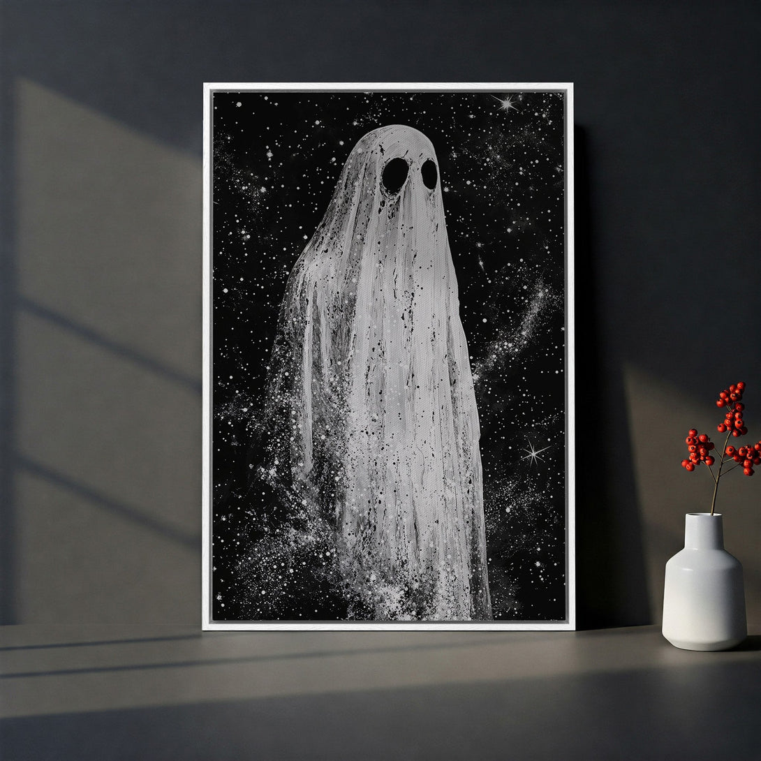 Framed Wall Art: Spooky ghost art in a black and white, minimalist style. Perfect for Halloween decor or adding a touch of the macabre to your home.