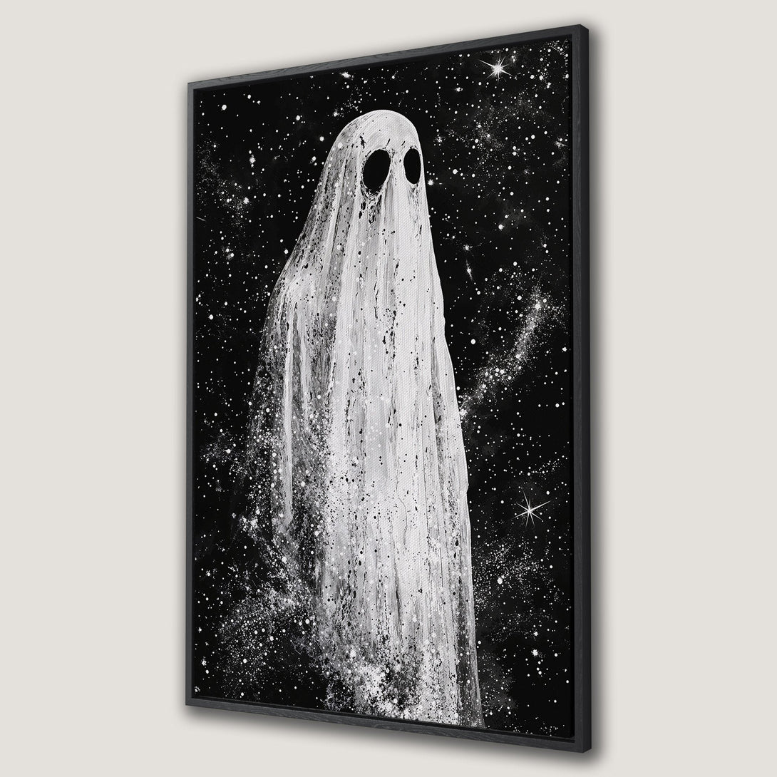 Framed Wall Art: Spooky ghost art print in black and white. Modern canvas print featuring a haunting figure against a starry night sky. Perfect Halloween decor.