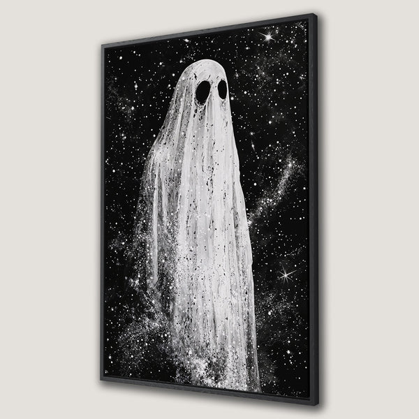 Framed Wall Art: Spooky ghost art print in black and white. Modern canvas print featuring a haunting figure against a starry night sky. Perfect Halloween decor.