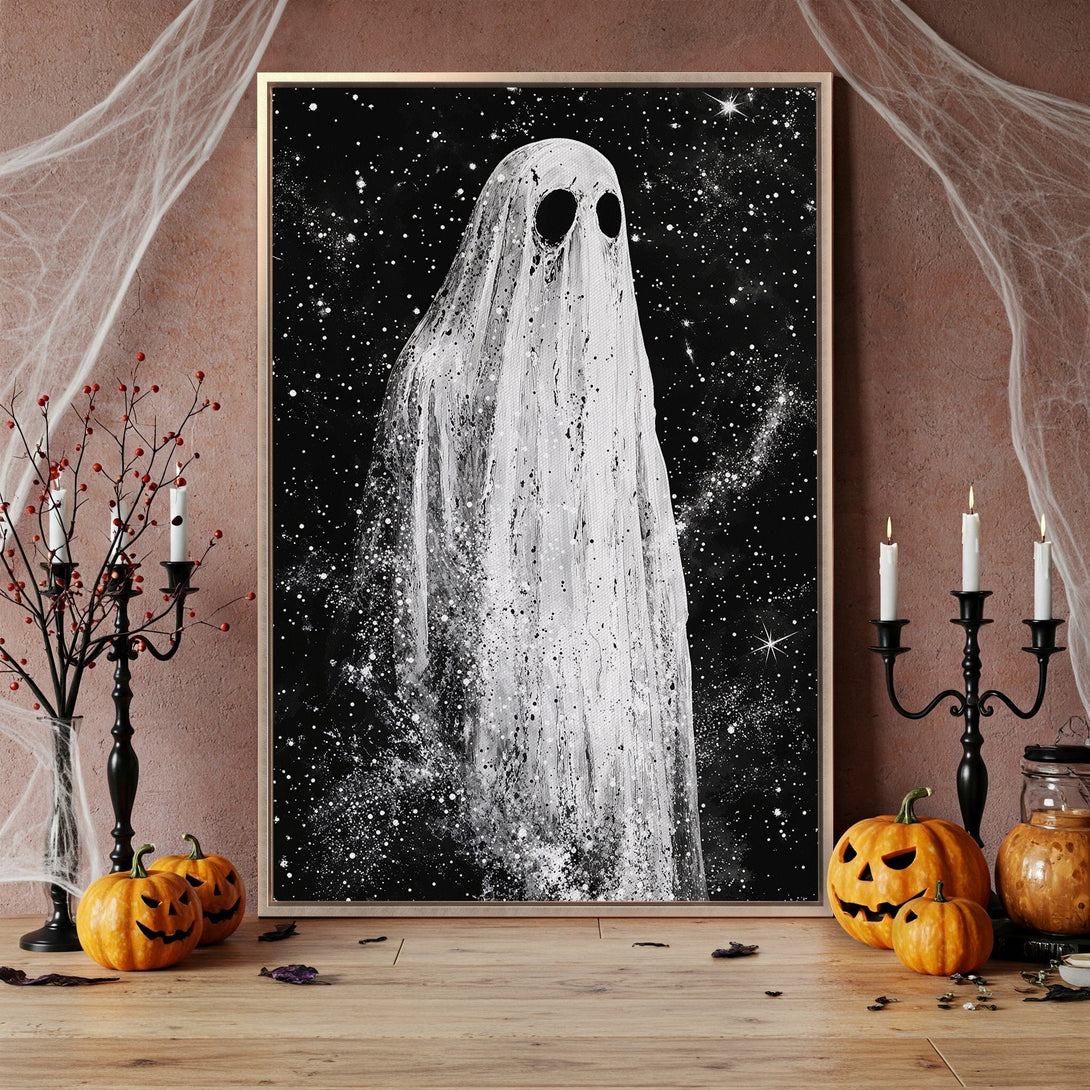 Framed Wall Art: Spooky ghost illustration in black and white. Perfect Halloween decor! Modern, minimalist style with a celestial background.