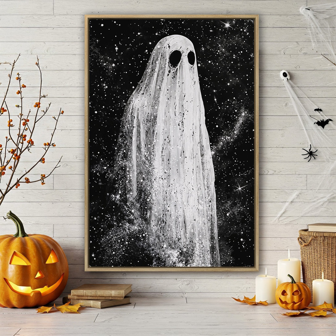 Framed Wall Art: Spooky ghost art in black & white. Modern abstract style with a starry background. Perfect Halloween decor for your home!