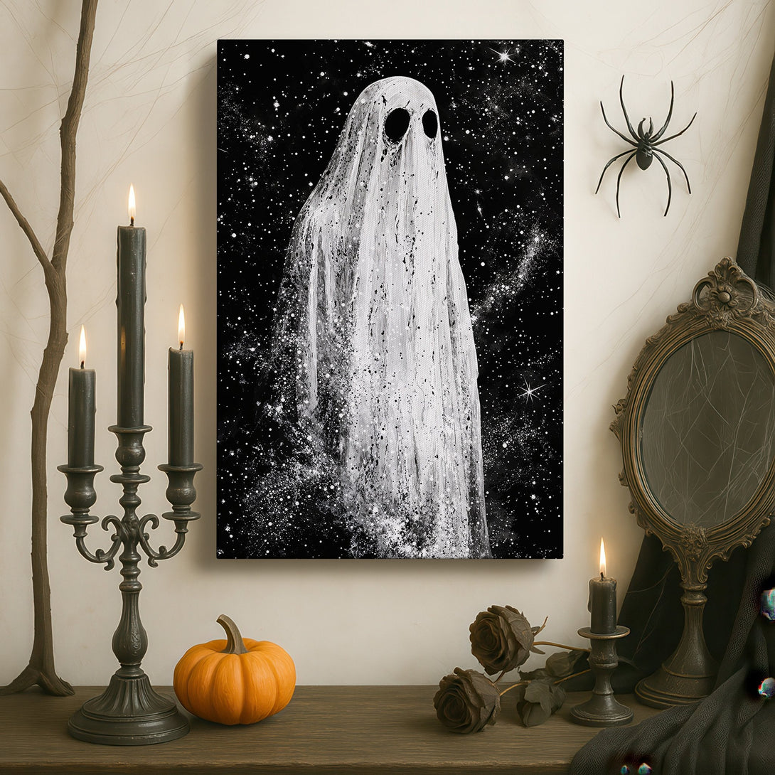 Framed Wall Art: Spooky ghost art in black & white. Gothic style canvas print adds a unique touch to any space. Perfect for Halloween decor!