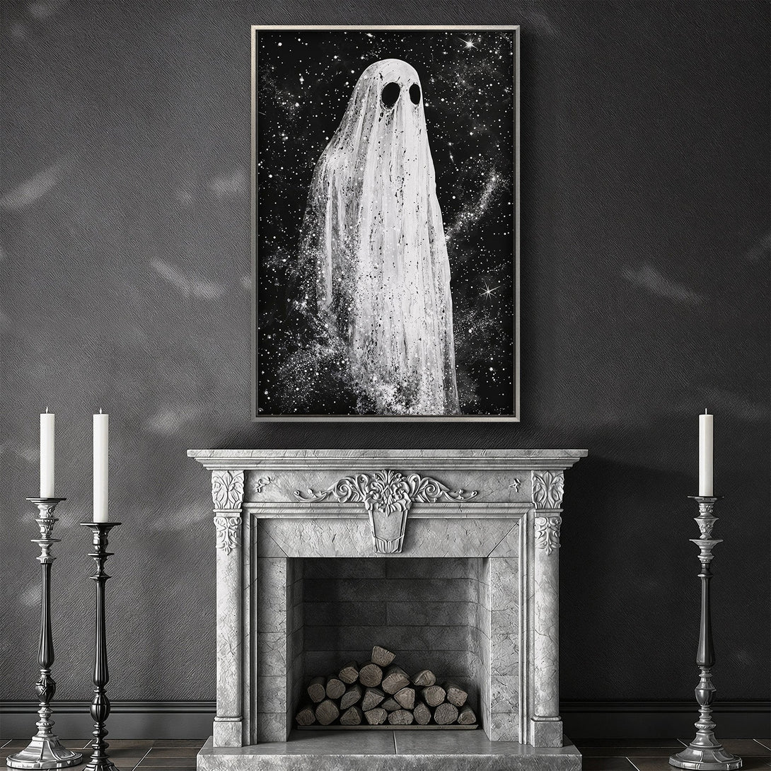 Framed Wall Art: Spooky ghost art in a black and white palette. Gothic style Canvas Print adds a touch of eerie elegance to any space.