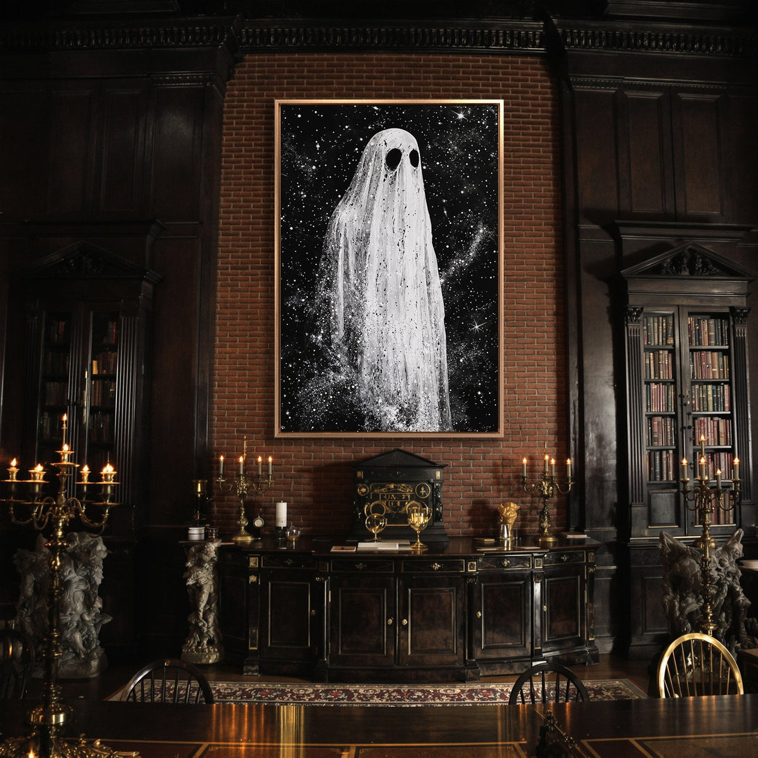 Framed Wall Art featuring a ghostly figure against a starry night sky. Monochrome art in a dark, gothic interior. Perfect for Halloween decor.