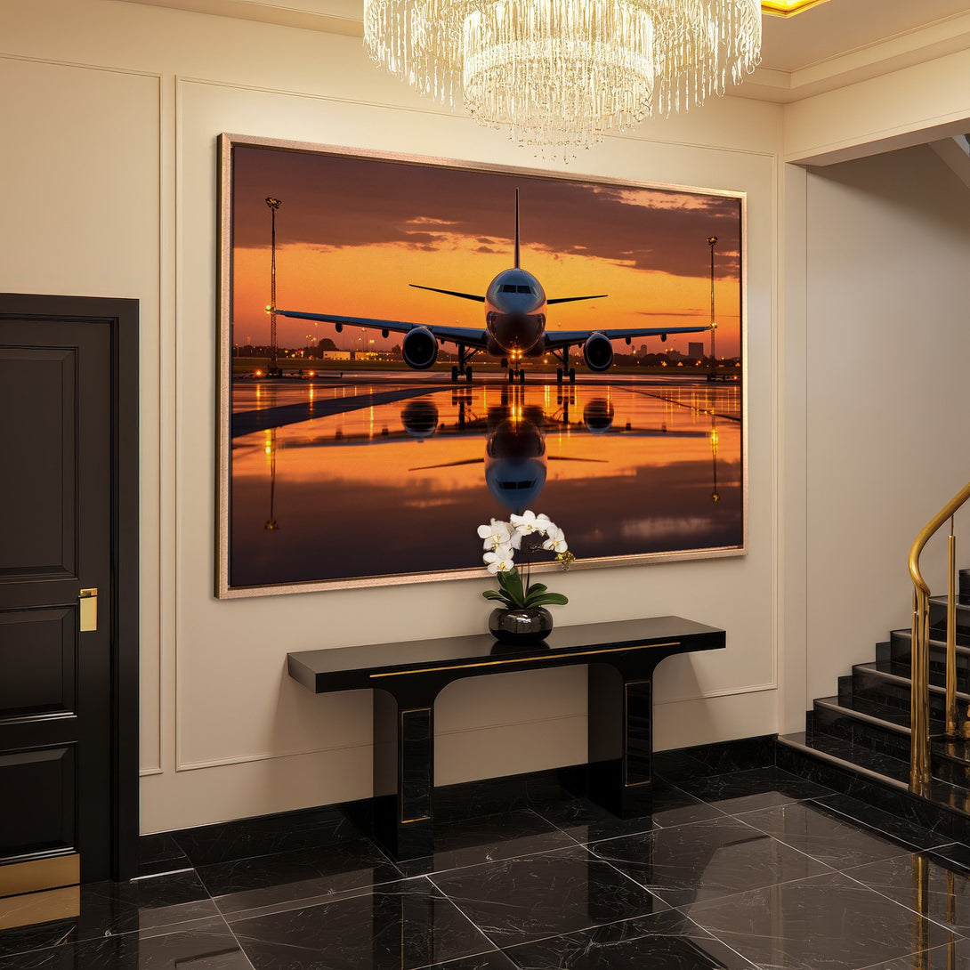 Framed Wall Art: Airplane at sunset. Dramatic aviation scene with warm orange and gold hues. Perfect for modern home decor.
