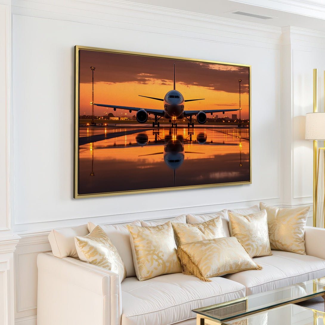 Canvas Print of an airplane on a runway at sunset. Warm orange and yellow hues create a dramatic, modern aviation artwork.