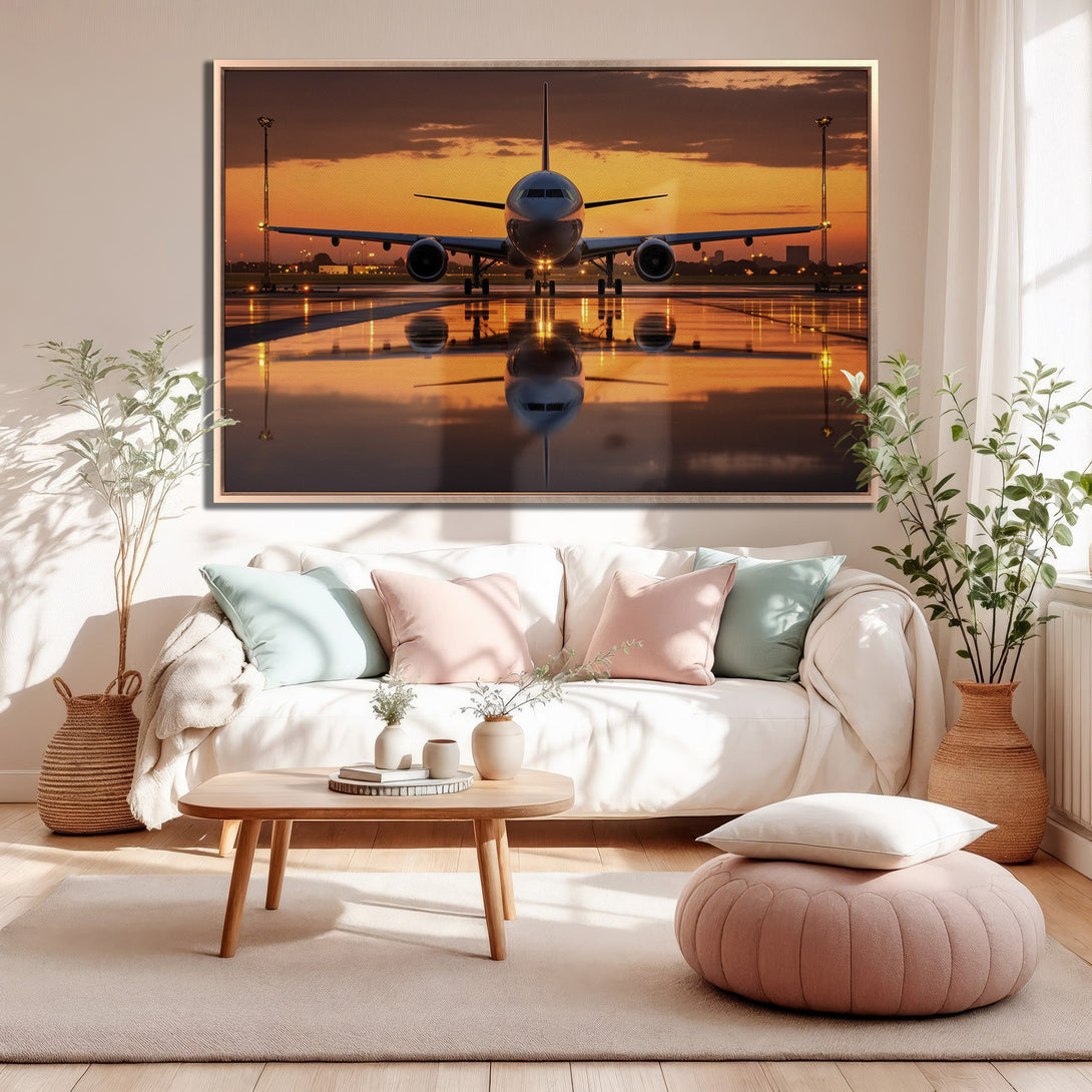 Framed Wall Art: Airplane at sunset. Dramatic aviation art in warm orange and gold tones. Perfect for modern home decor.