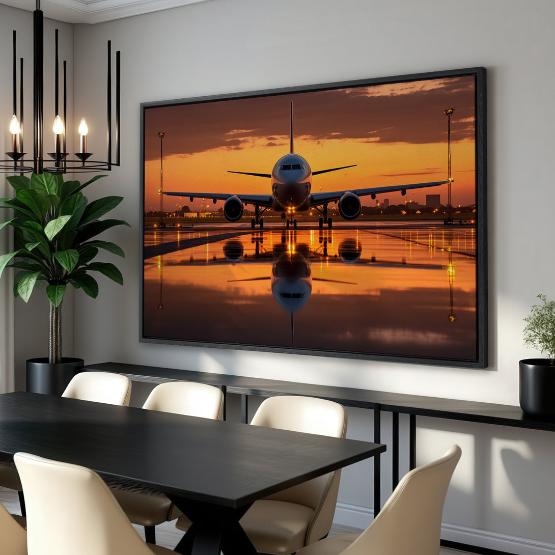 Framed Wall Art: Airplane on runway at sunset. Warm orange and gold color palette. Modern aviation decor for home or office.