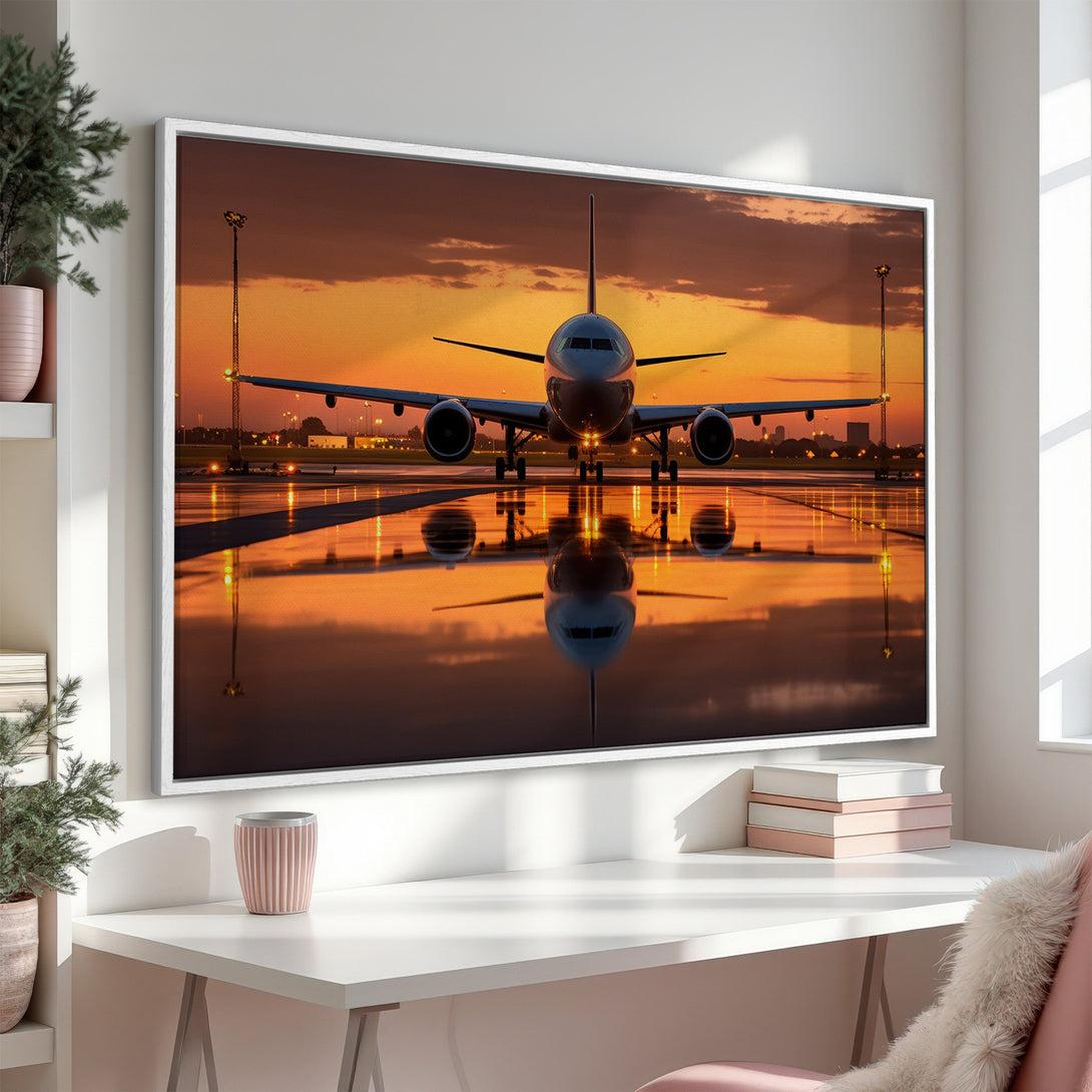 Framed Wall Art: Airplane on runway at sunset. Dramatic aviation art in warm orange and gold tones. Perfect travel decor for your home.