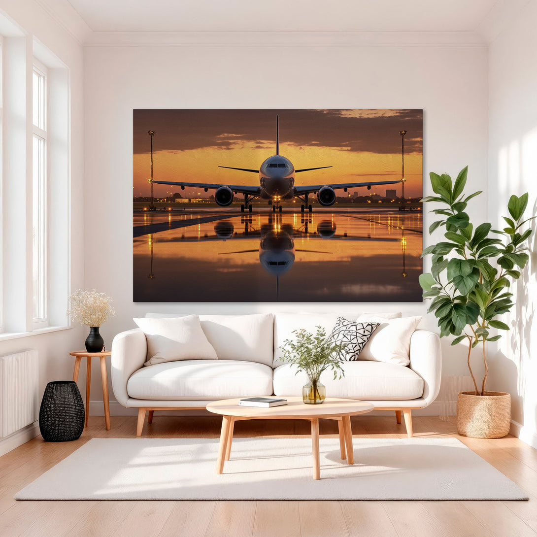 Framed Wall Art: Airplane on runway at sunset. Warm orange and gold tones create a dramatic aviation scene. Perfect for modern home decor.