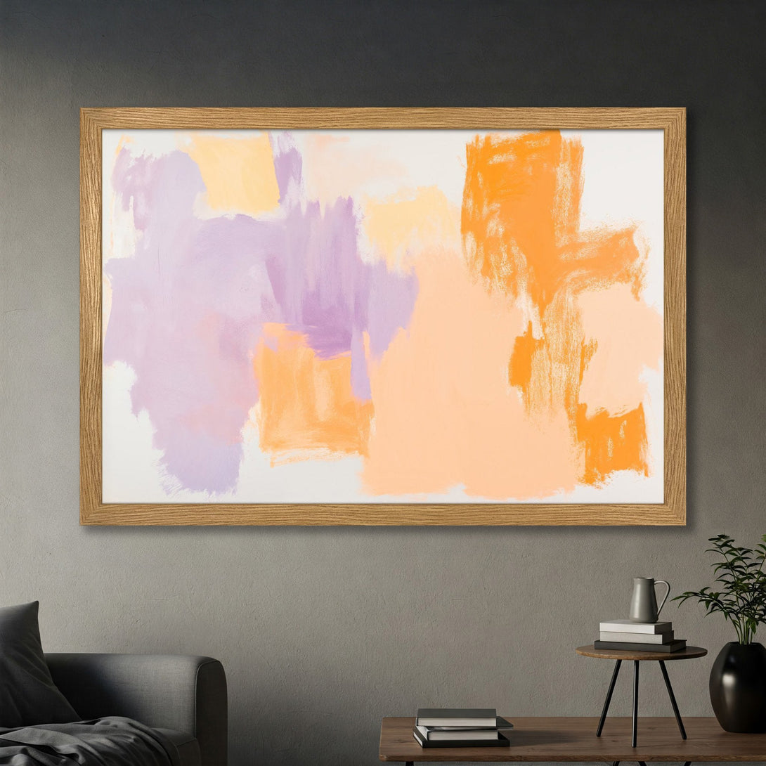 Framed Poster featuring abstract brushstrokes in orange, lavender, and peach hues. Modern art print for home decor.