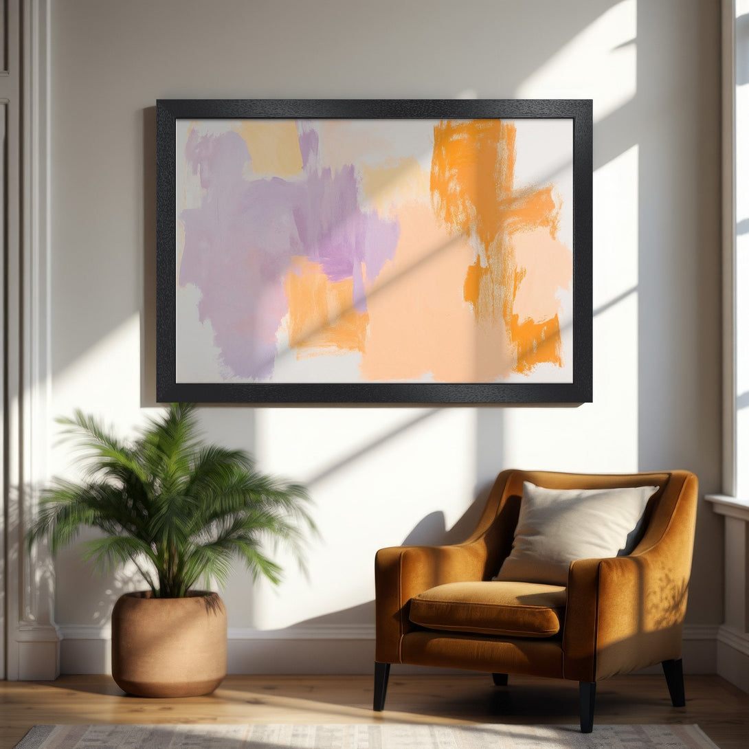 Framed Poster featuring abstract art in warm orange and purple tones, perfect for modern decor. Shop now!