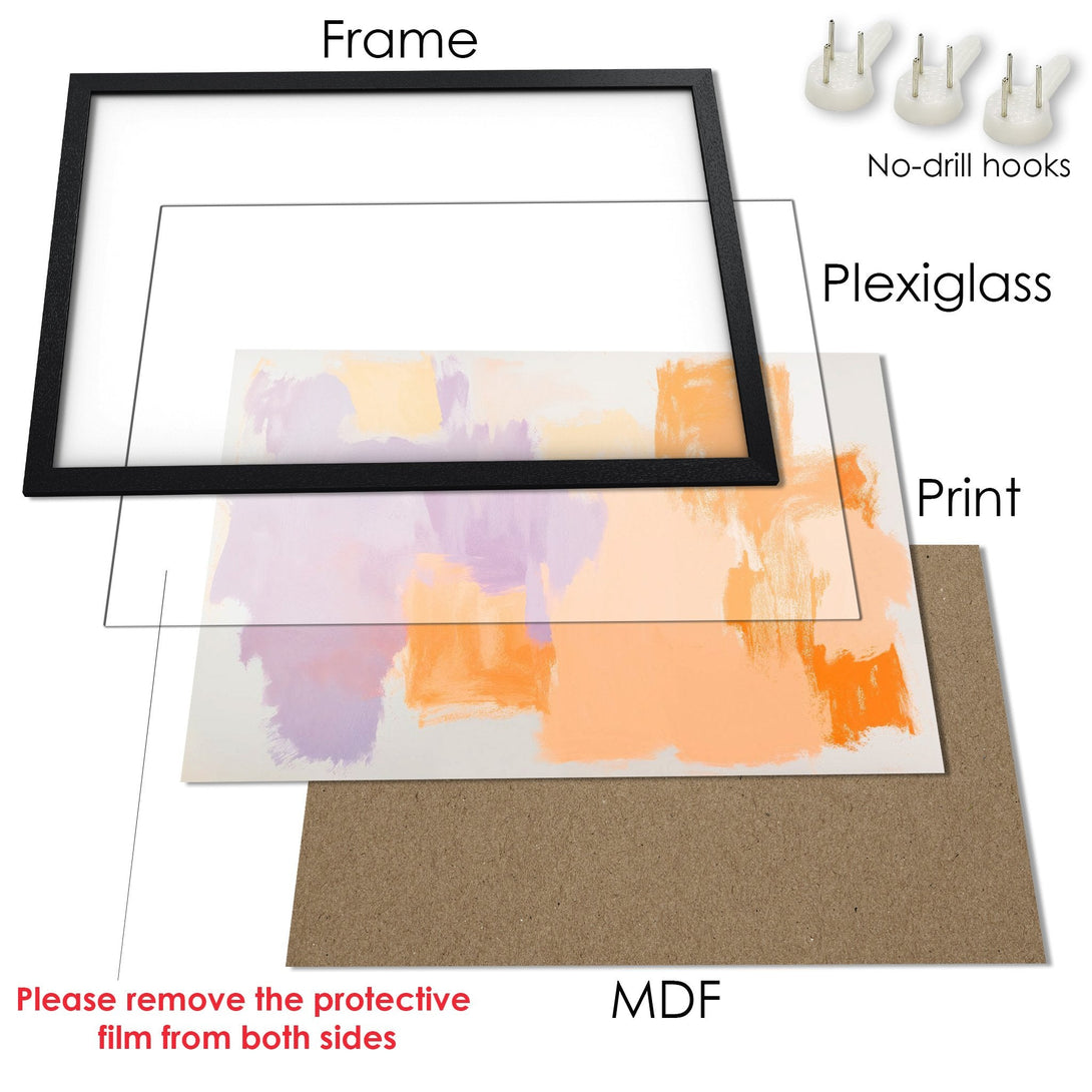 Framed Poster with abstract art in warm orange and purple tones. Modern wall art for your home.