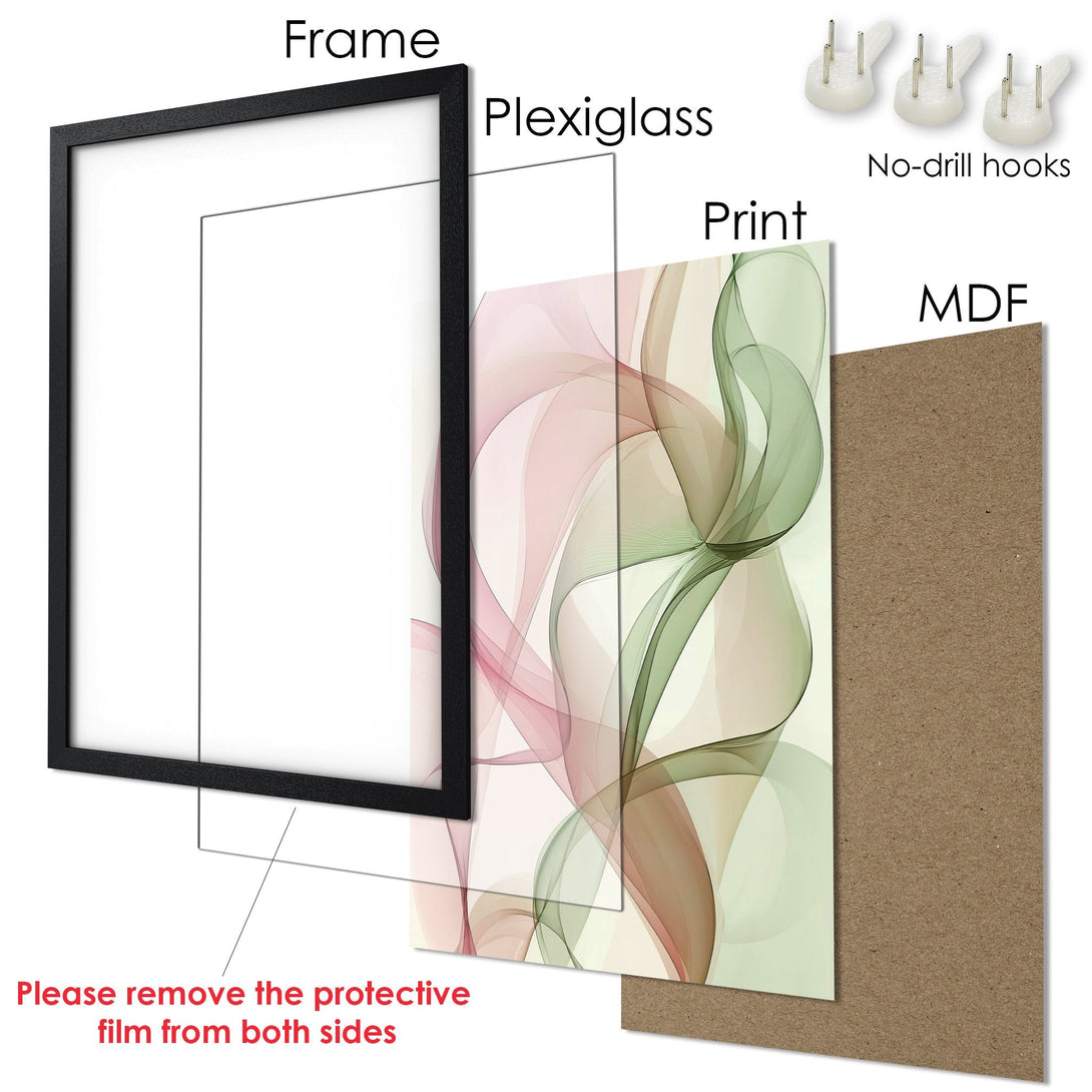 Framed Poster with abstract art in pink and green hues. Modern wall decor for any room.