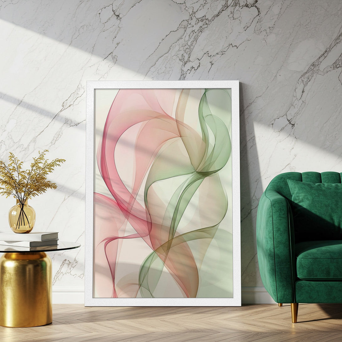 Framed Poster featuring abstract flowing design in pink and green tones. Modern art for home decor.
