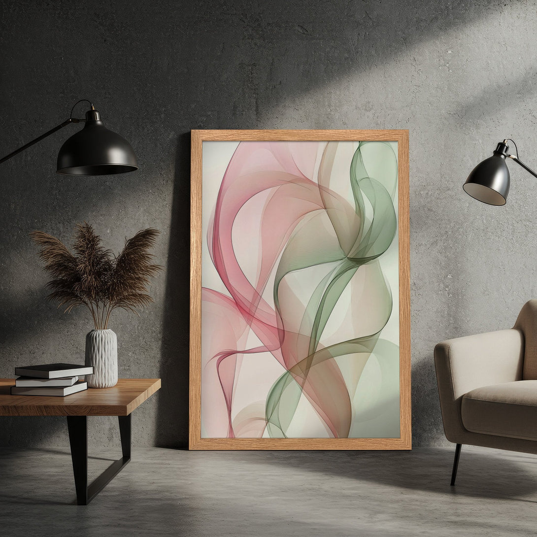 Framed Poster featuring abstract flowing design in pink and green hues. Modern art style, perfect for home decor.