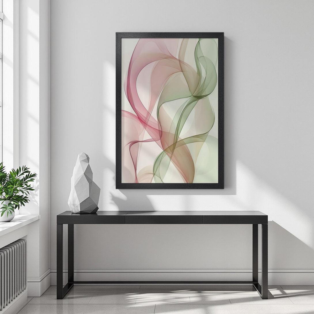 Framed Poster with abstract flowing design in pink, green, and neutral tones. Modern art for your home!