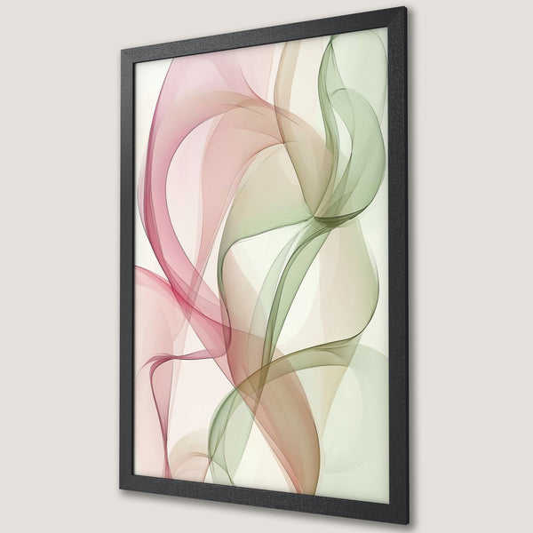Framed Poster featuring abstract flowing design in pink, green, and neutral tones. Modern art for your home!