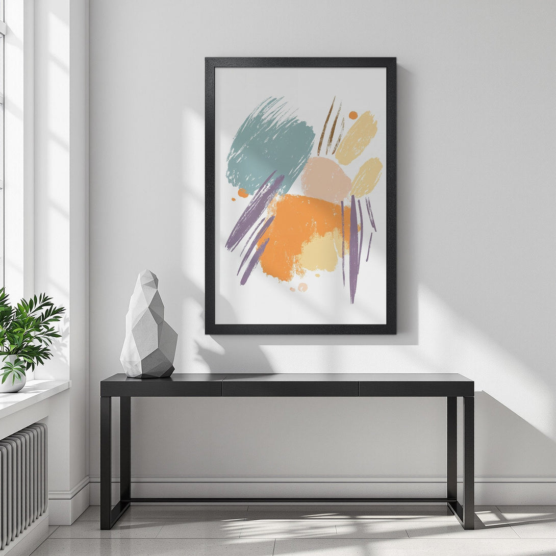 Framed Poster featuring abstract brushstrokes in pastel colors, perfect for modern home decor.