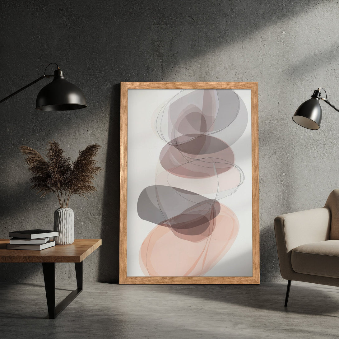 Framed Poster featuring abstract art with soft gray, blush, and brown hues. Modern art print for home decor.