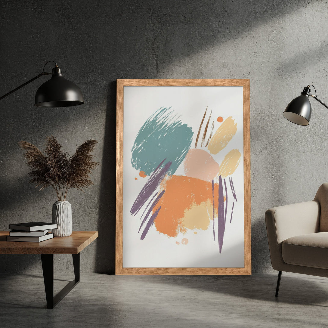 Framed Poster featuring abstract art in teal, orange, and purple brushstrokes. Modern style, warm color palette, perfect for home decor.