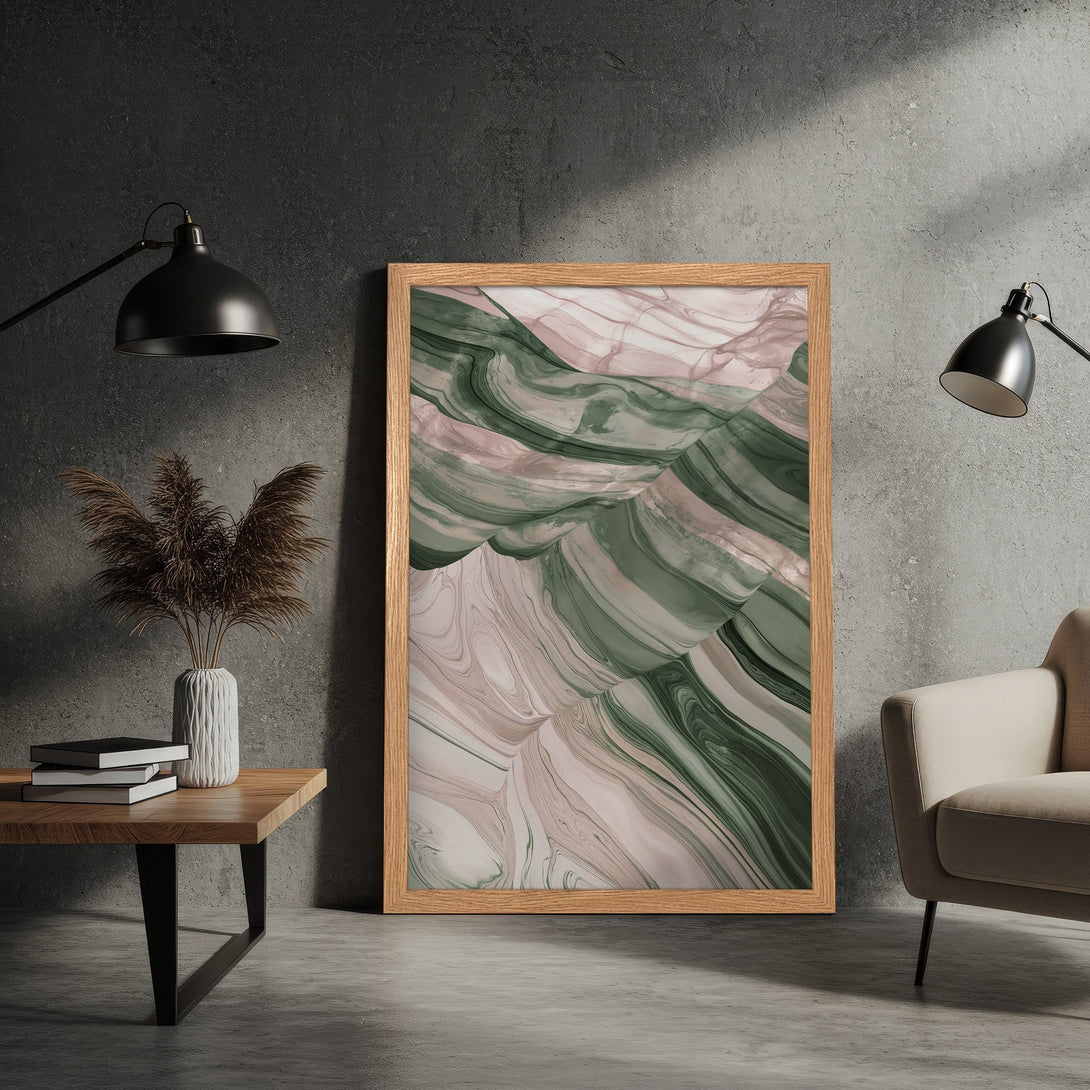 Framed Poster featuring an abstract, flowing design in green and blush tones. Modern art print for stylish home decor.