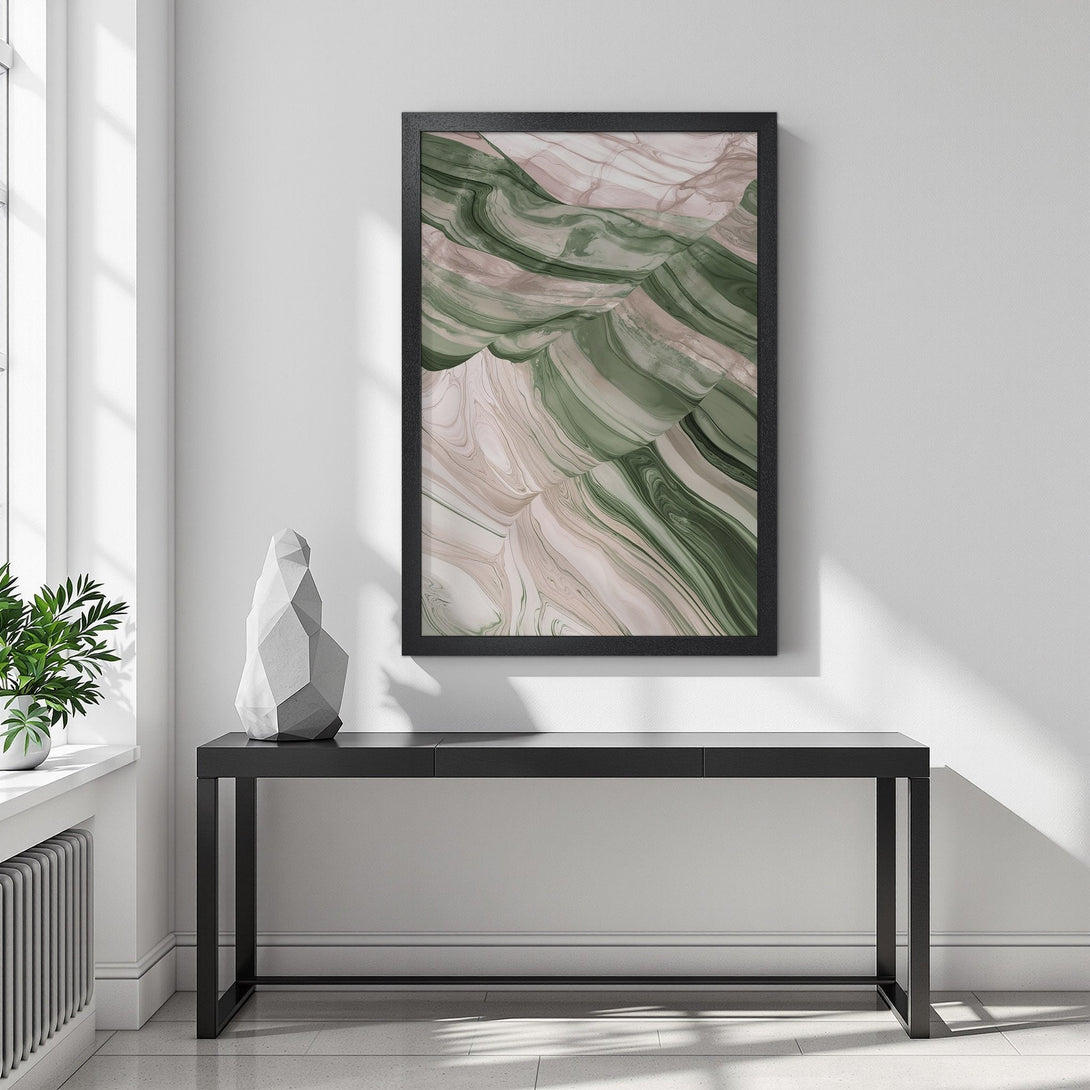 Framed Poster featuring abstract art in green and beige tones, perfect for modern home decor.