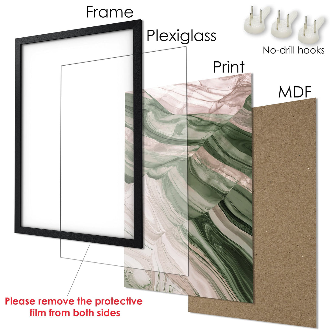 Framed Poster featuring abstract art in green and blush tones. Modern style, ready to hang with included no-drill hooks.