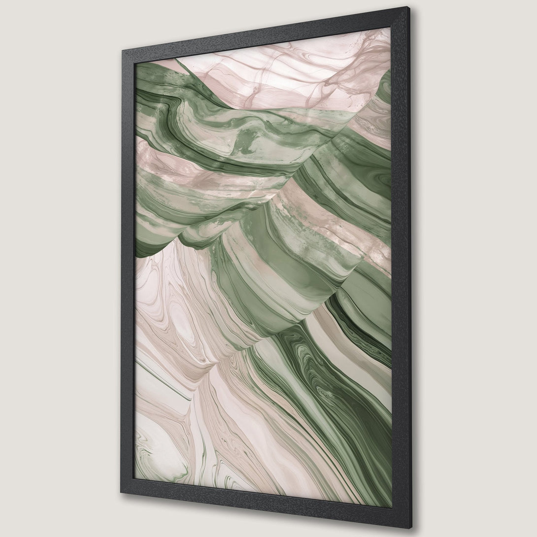 Framed Poster featuring abstract art in green, beige, and white. Modern wall decor for your home.