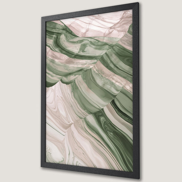 Framed Poster featuring abstract art in green, beige, and white. Modern wall decor for your home.