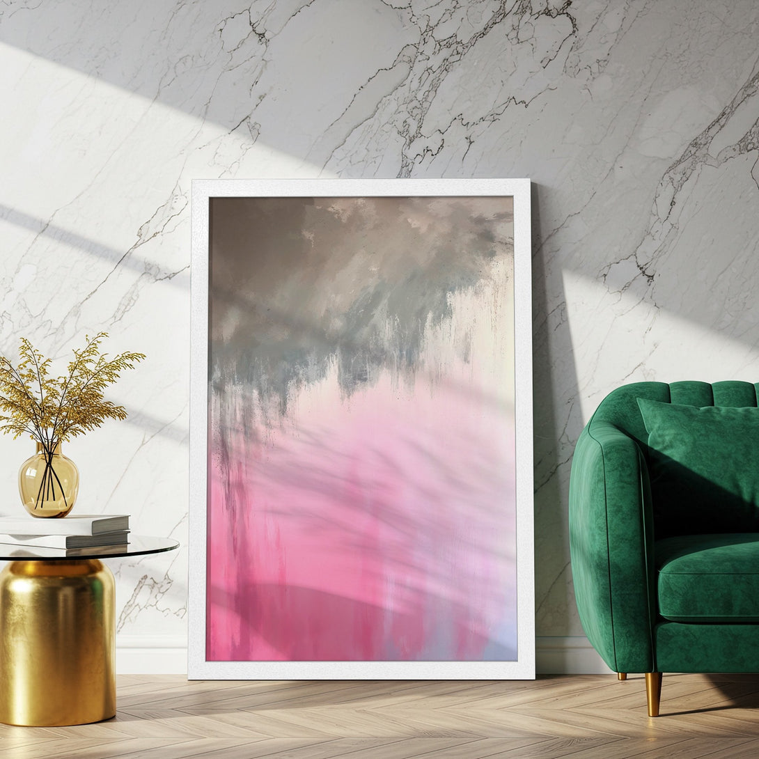 Framed Poster featuring an abstract art print in pink, gray, and neutral tones. Modern style for home decor.