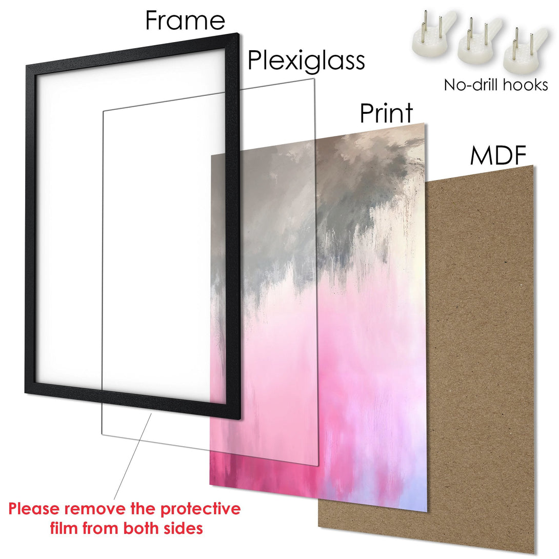 Framed Poster: Abstract art print in pink and gray hues. Modern wall decor for your home. Easy to hang!