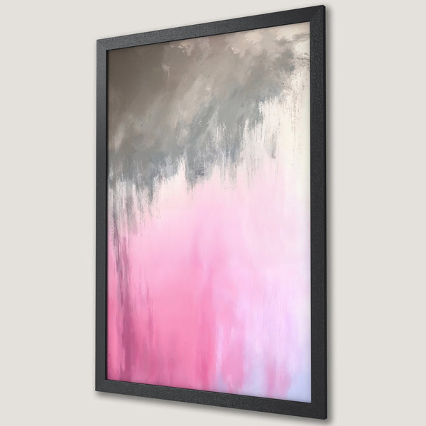 Framed Poster featuring abstract art with pink, gray, and white brushstrokes. Modern art for home decor.
