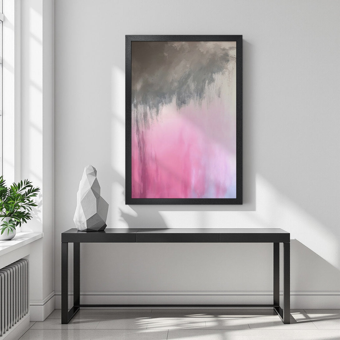 Framed Poster featuring abstract art in pink, gray, and white. Modern style art print perfect for home decor.