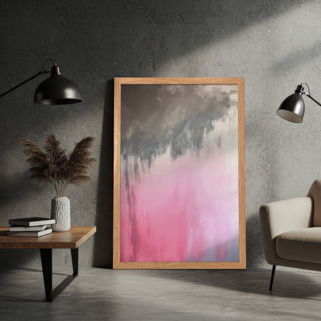 Framed Poster featuring abstract art in pink and gray tones. Modern style art print for home decor.