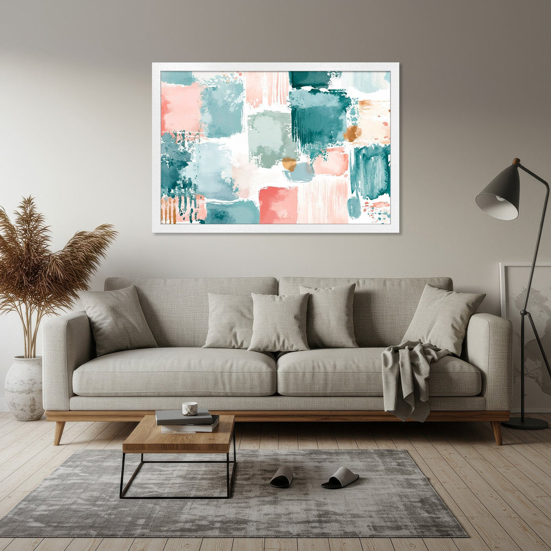 Framed Poster featuring abstract brushstrokes in teal, pink, and gold. Modern art style, perfect for living room decor.