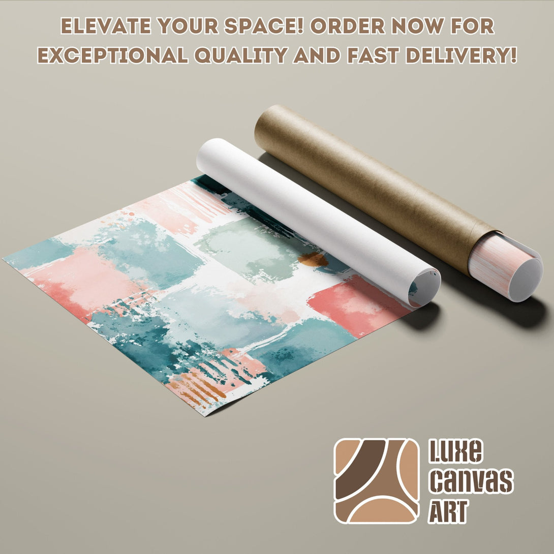 Abstract art Poster Roll with teal, pink, and gold brushstrokes. Elevate your space!