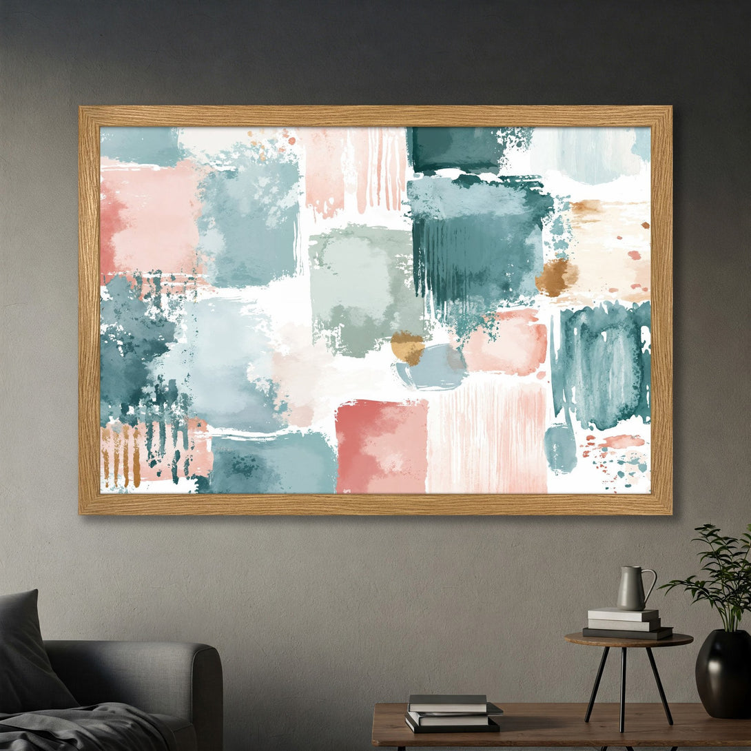 Framed Poster featuring abstract art with brushstrokes in teal, pink, and neutral tones. Modern wall art perfect for any room.