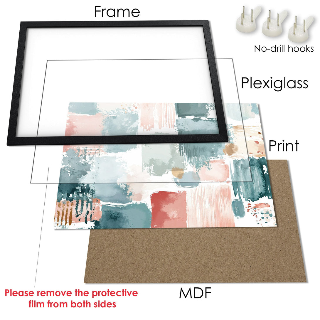 Framed Poster featuring abstract art in a pastel color palette. Modern art print for your home decor.