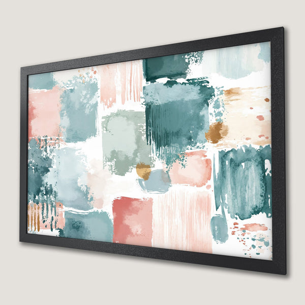 Framed Poster featuring abstract art in teal, blush, and gold color palette. Modern wall decor for your home.