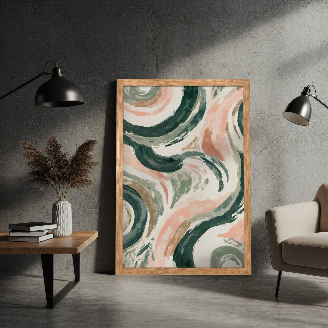 Framed Poster featuring abstract brushstroke art in green, pink, and neutral tones. Modern wall art for home decor.