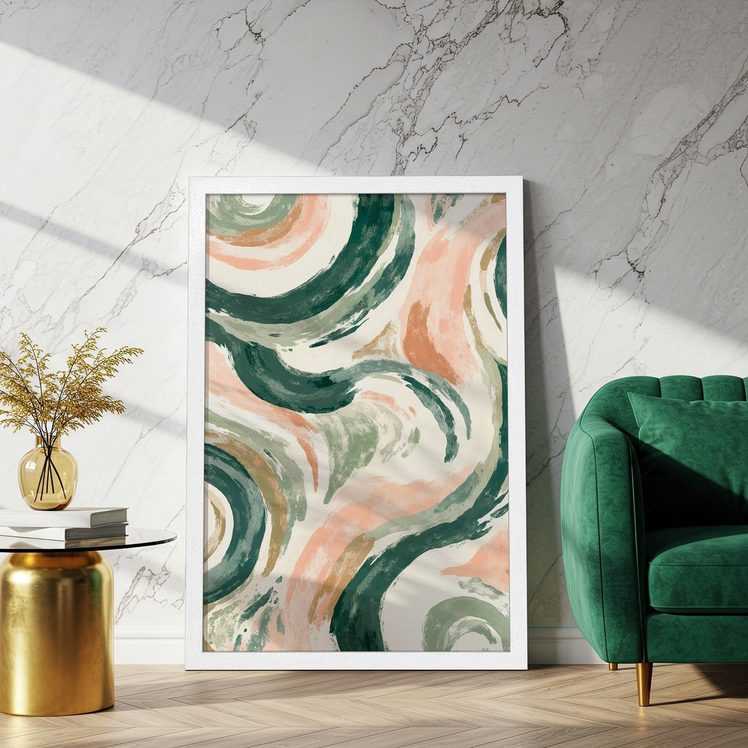 Framed Poster featuring abstract brushstrokes in green, peach, and beige. Modern art for home decor.
