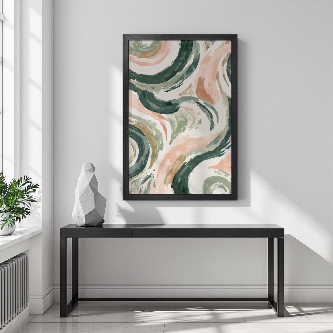 Framed Poster with abstract brushstroke art in green, peach, and neutral tones. Perfect for modern decor!